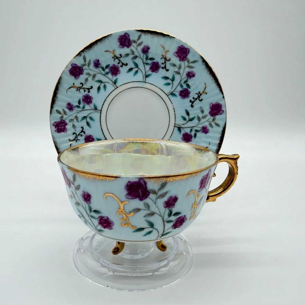 Vintage Japan Lusterware Tea Cup Saucer Set Purple Rose Gold Gilt Footed Blue